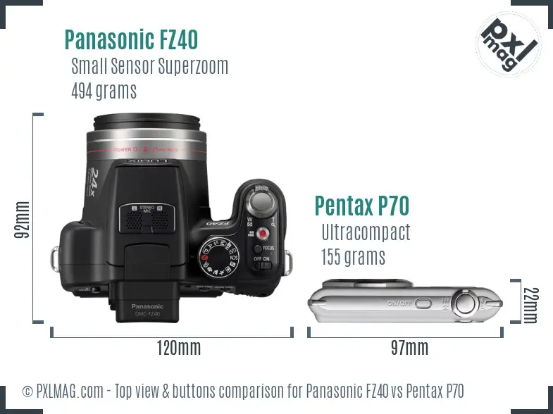 Panasonic FZ40 vs Pentax P70 top view buttons comparison