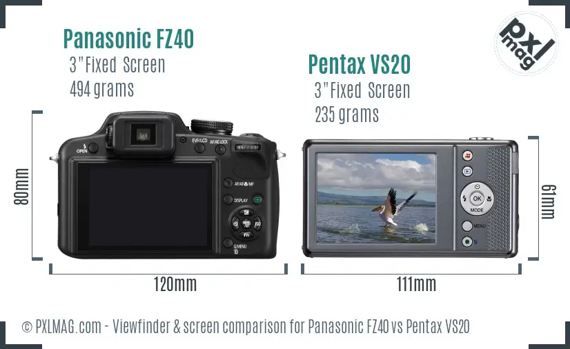 Panasonic FZ40 vs Pentax VS20 Screen and Viewfinder comparison