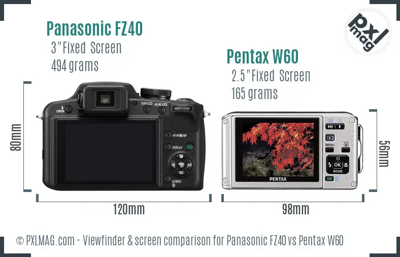 Panasonic FZ40 vs Pentax W60 Screen and Viewfinder comparison