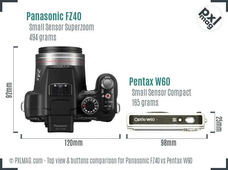 Panasonic FZ40 vs Pentax W60 top view buttons comparison