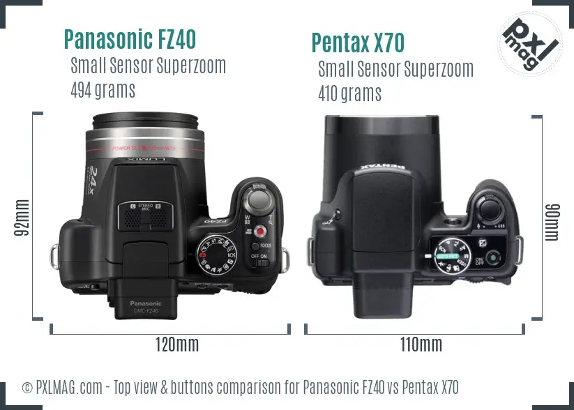 Panasonic FZ40 vs Pentax X70 top view buttons comparison