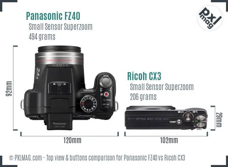 Panasonic FZ40 vs Ricoh CX3 top view buttons comparison