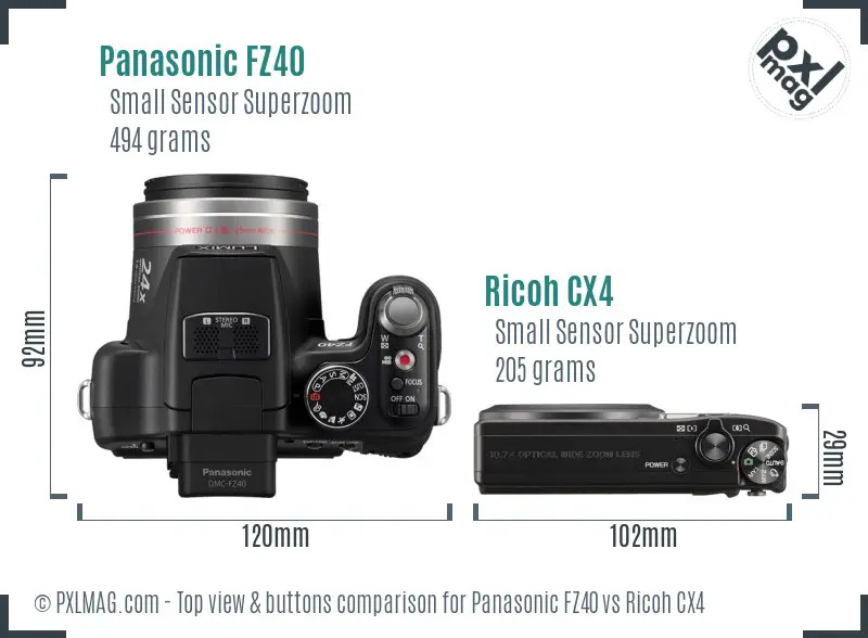 Panasonic FZ40 vs Ricoh CX4 top view buttons comparison