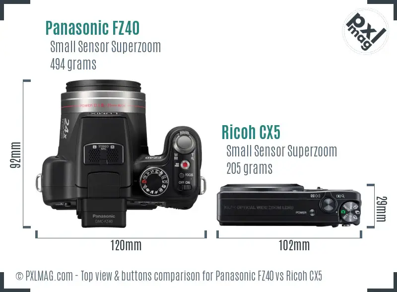 Panasonic FZ40 vs Ricoh CX5 top view buttons comparison