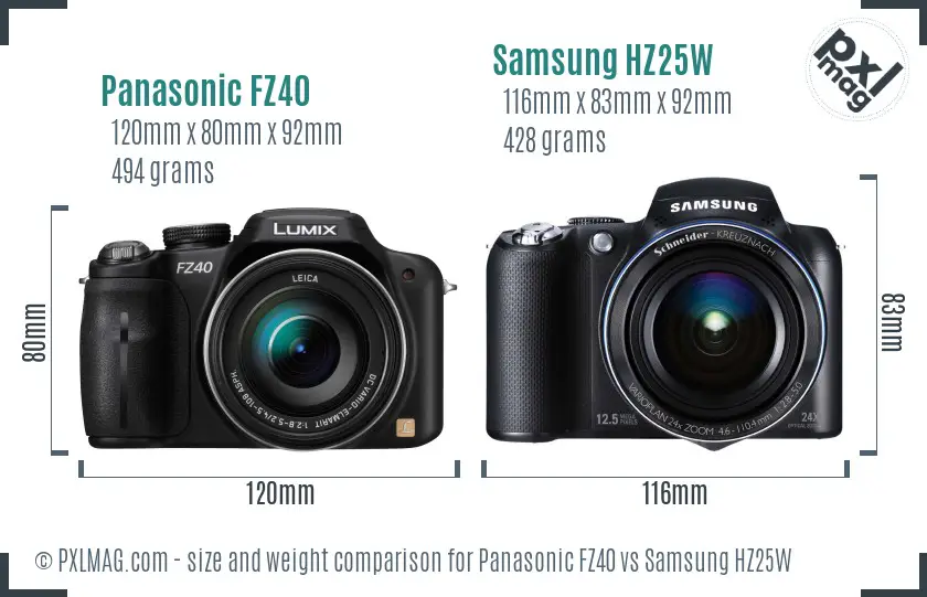 Panasonic FZ40 vs Samsung HZ25W size comparison