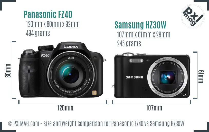 Panasonic FZ40 vs Samsung HZ30W size comparison