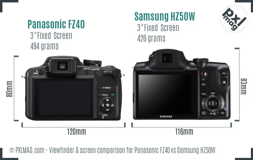 Panasonic FZ40 vs Samsung HZ50W Screen and Viewfinder comparison