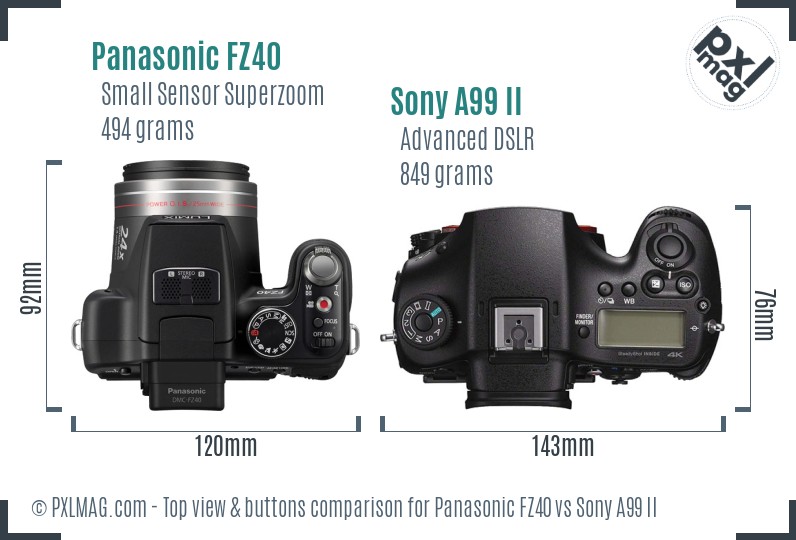 Panasonic FZ40 vs Sony A99 II top view buttons comparison