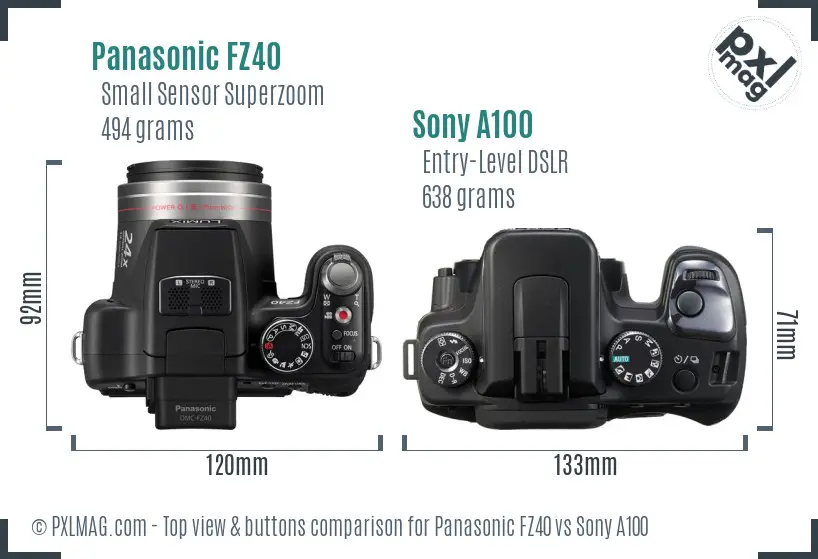Panasonic FZ40 vs Sony A100 top view buttons comparison