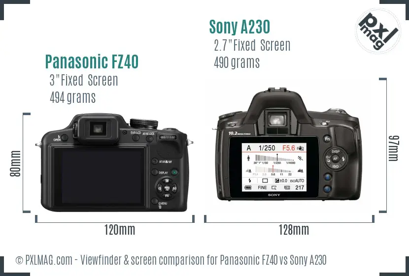 Panasonic FZ40 vs Sony A230 Screen and Viewfinder comparison