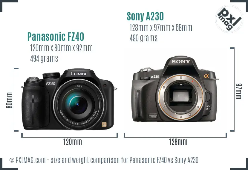 Panasonic FZ40 vs Sony A230 size comparison