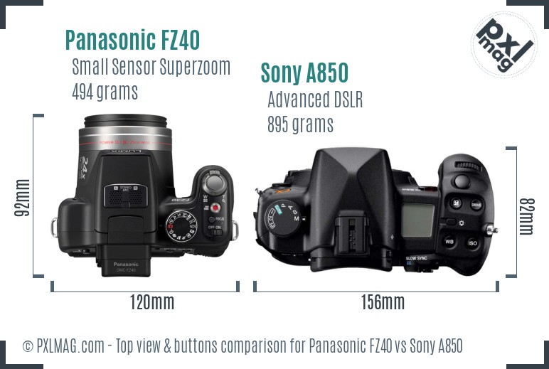 Panasonic FZ40 vs Sony A850 top view buttons comparison