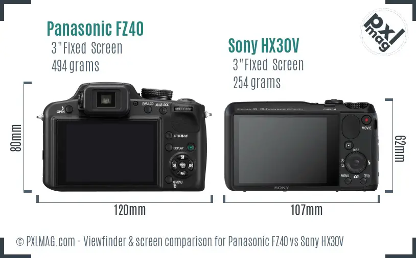 Panasonic FZ40 vs Sony HX30V Screen and Viewfinder comparison