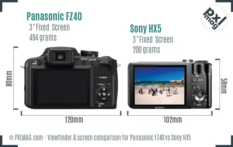 Panasonic FZ40 vs Sony HX5 Screen and Viewfinder comparison