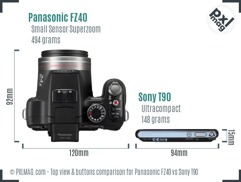 Panasonic FZ40 vs Sony T90 top view buttons comparison Panasonic FZ40 vs Sony T90 top view buttons comparison