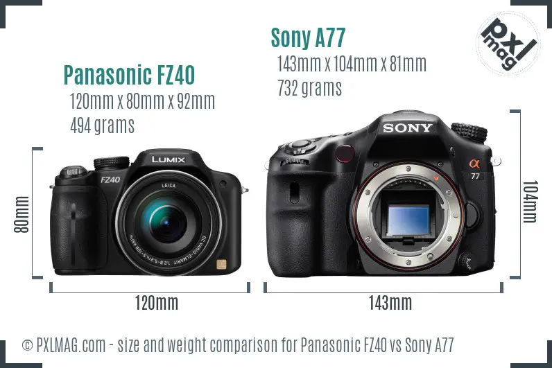 Panasonic FZ40 vs Sony A77 size comparison