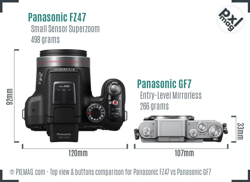 Panasonic FZ47 vs Panasonic GF7 top view buttons comparison
