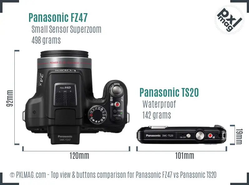 Panasonic FZ47 vs Panasonic TS20 top view buttons comparison