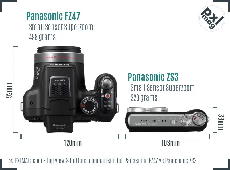 Panasonic FZ47 vs Panasonic ZS3 top view buttons comparison