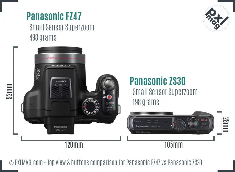 Panasonic FZ47 vs Panasonic ZS30 top view buttons comparison