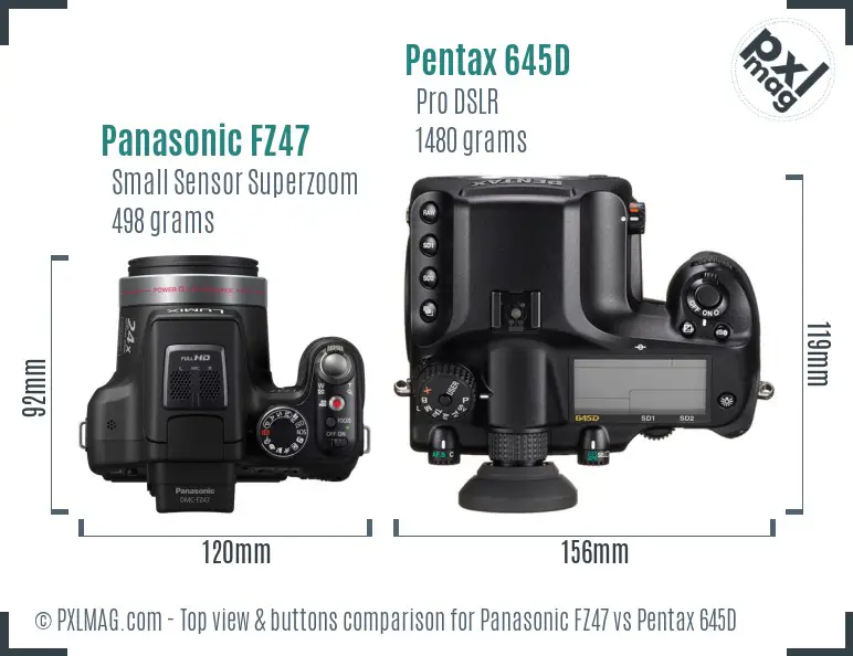 Panasonic FZ47 vs Pentax 645D top view buttons comparison