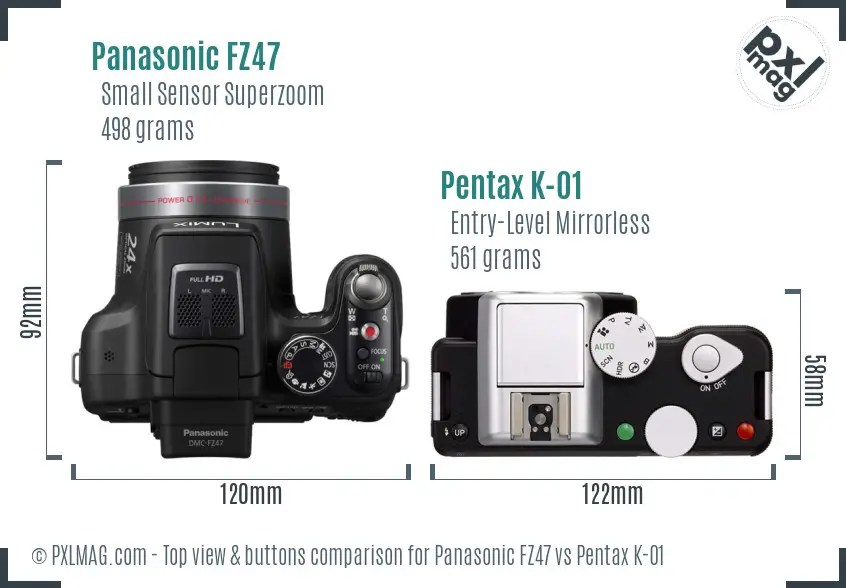 Panasonic FZ47 vs Pentax K-01 top view buttons comparison