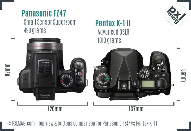 Panasonic FZ47 vs Pentax K-1 II top view buttons comparison