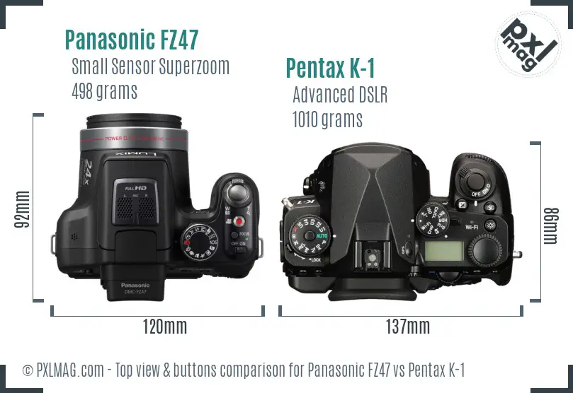 Panasonic FZ47 vs Pentax K-1 top view buttons comparison