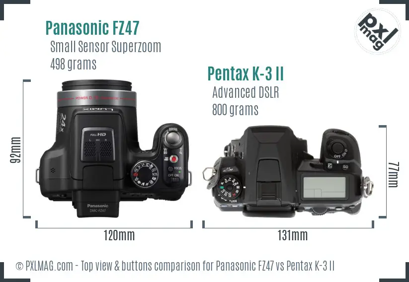 Panasonic FZ47 vs Pentax K-3 II top view buttons comparison