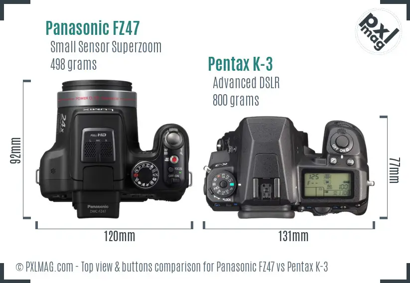Panasonic FZ47 vs Pentax K-3 top view buttons comparison