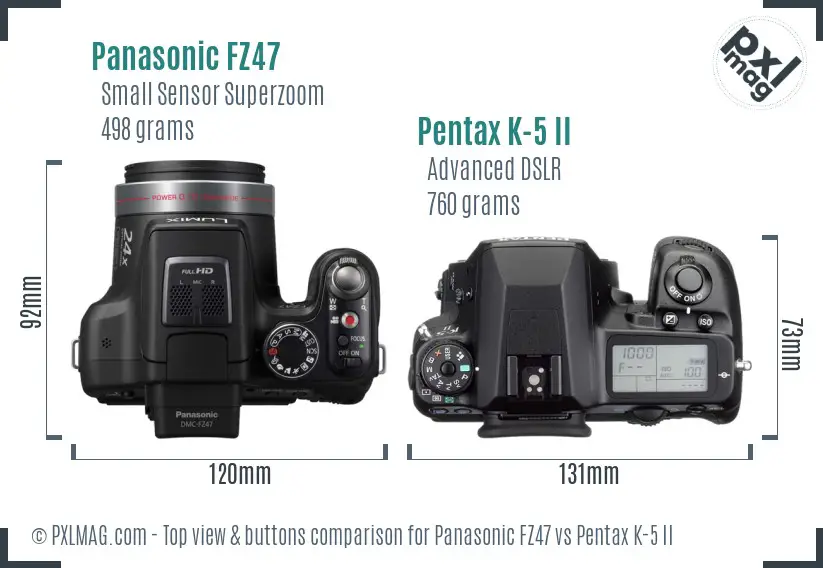 Panasonic FZ47 vs Pentax K-5 II top view buttons comparison