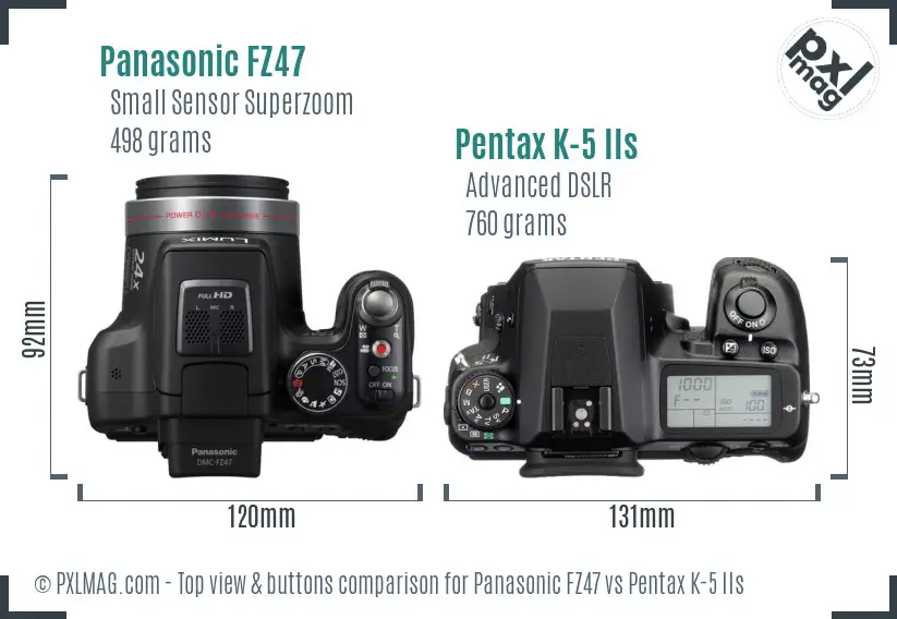 Panasonic FZ47 vs Pentax K-5 IIs top view buttons comparison