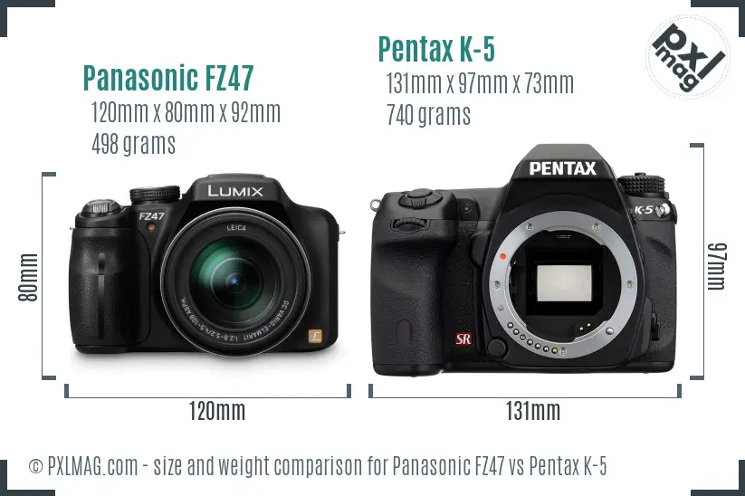 Panasonic FZ47 vs Pentax K-5 size comparison
