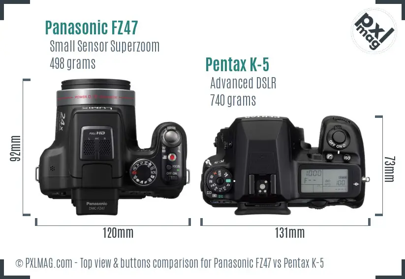 Panasonic FZ47 vs Pentax K-5 top view buttons comparison