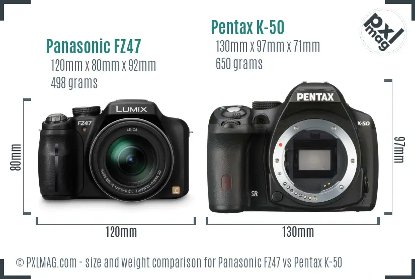 Panasonic FZ47 vs Pentax K-50 size comparison