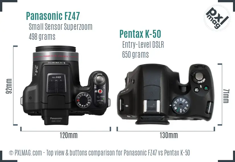 Panasonic FZ47 vs Pentax K-50 top view buttons comparison