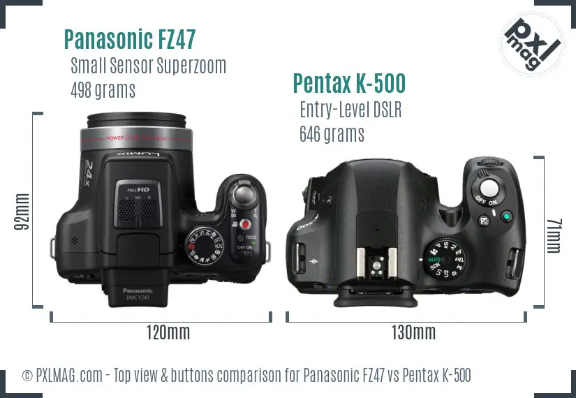 Panasonic FZ47 vs Pentax K-500 top view buttons comparison