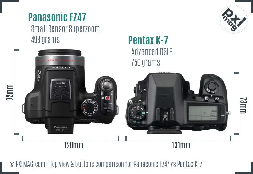 Panasonic FZ47 vs Pentax K-7 top view buttons comparison