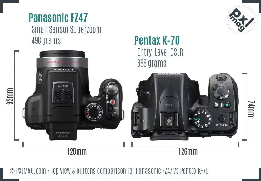 Panasonic FZ47 vs Pentax K-70 top view buttons comparison