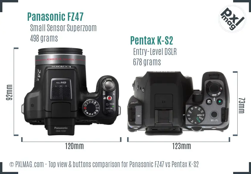 Panasonic FZ47 vs Pentax K-S2 top view buttons comparison