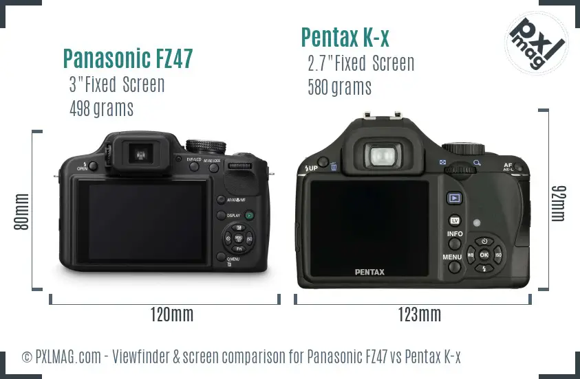 Panasonic FZ47 vs Pentax K-x Screen and Viewfinder comparison