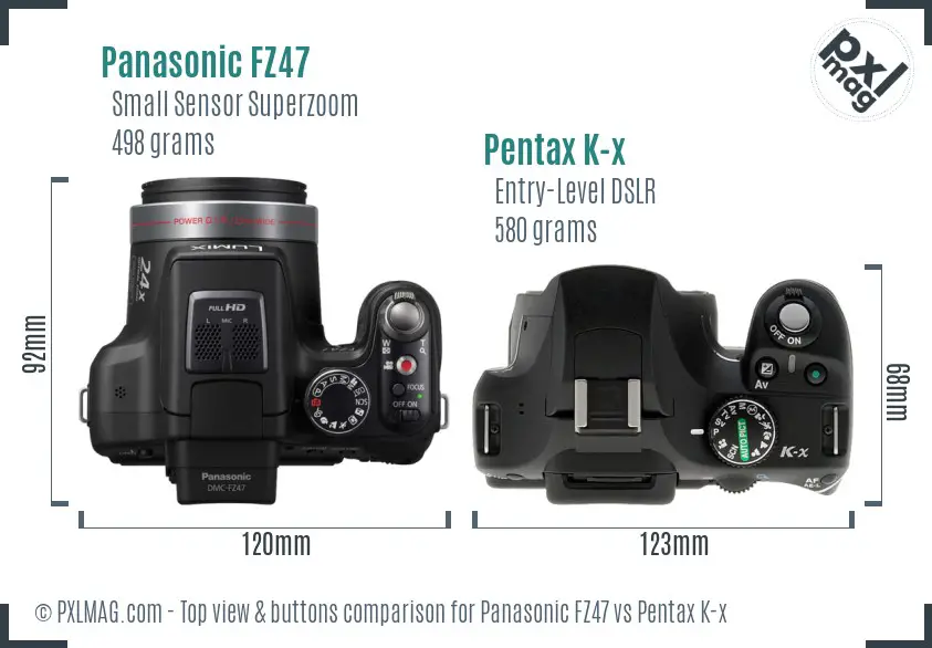 Panasonic FZ47 vs Pentax K-x top view buttons comparison