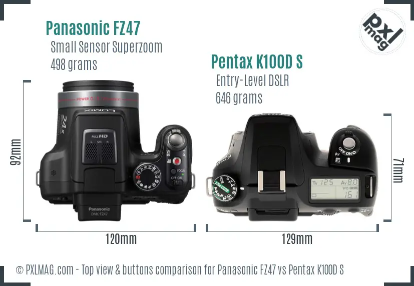 Panasonic FZ47 vs Pentax K100D S top view buttons comparison