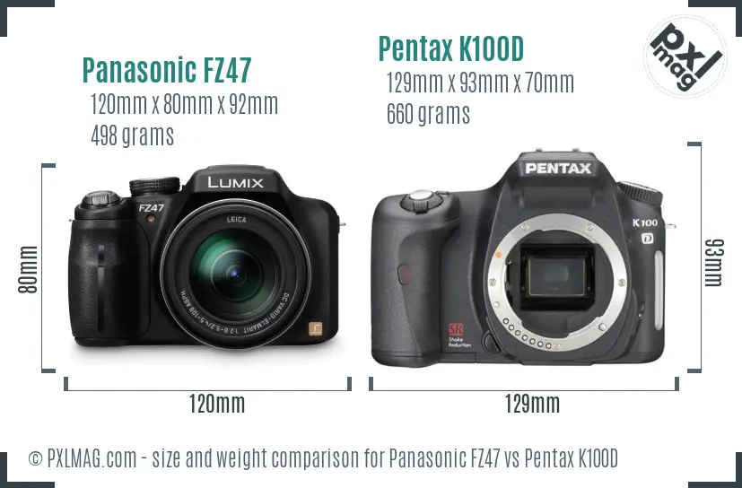 Panasonic FZ47 vs Pentax K100D size comparison