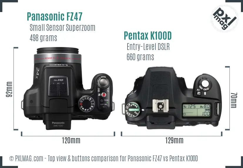 Panasonic FZ47 vs Pentax K100D top view buttons comparison