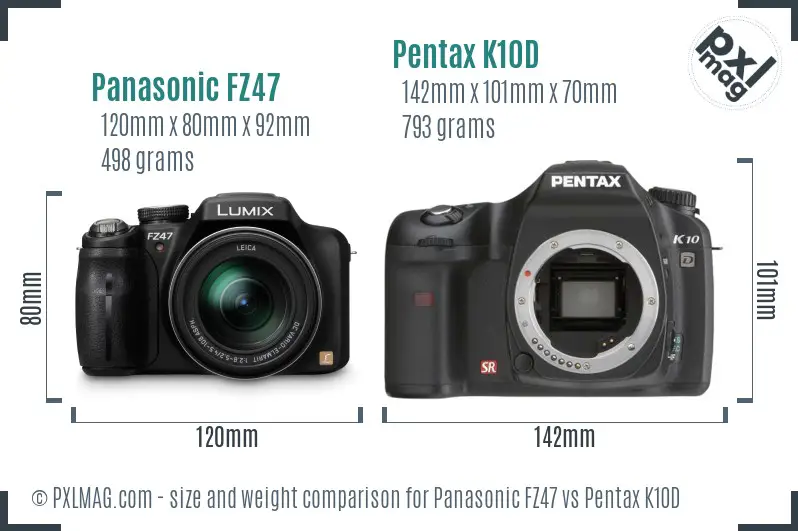 Panasonic FZ47 vs Pentax K10D size comparison