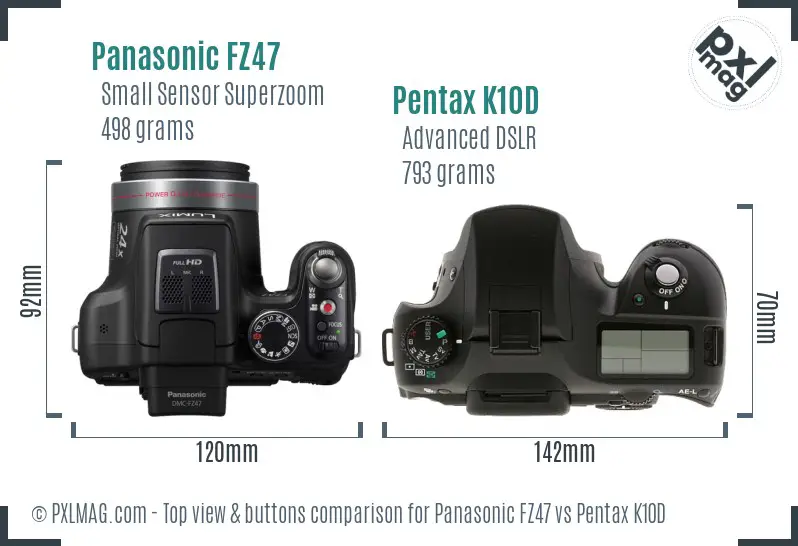 Panasonic FZ47 vs Pentax K10D top view buttons comparison