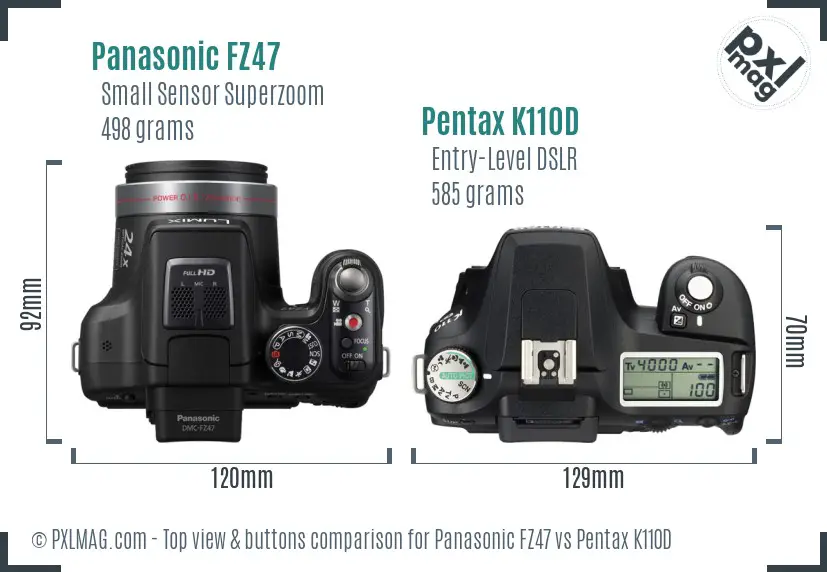 Panasonic FZ47 vs Pentax K110D top view buttons comparison