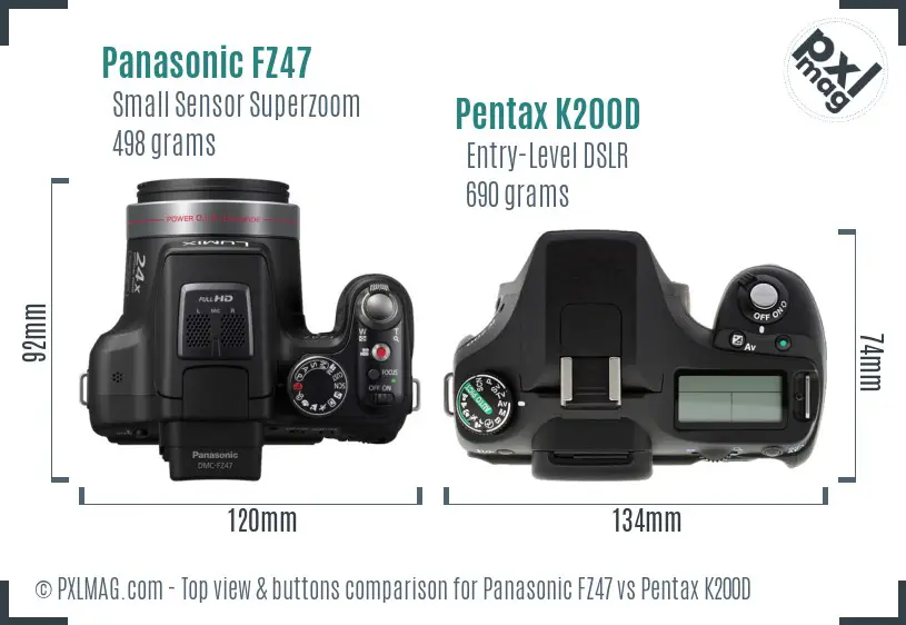 Panasonic FZ47 vs Pentax K200D top view buttons comparison