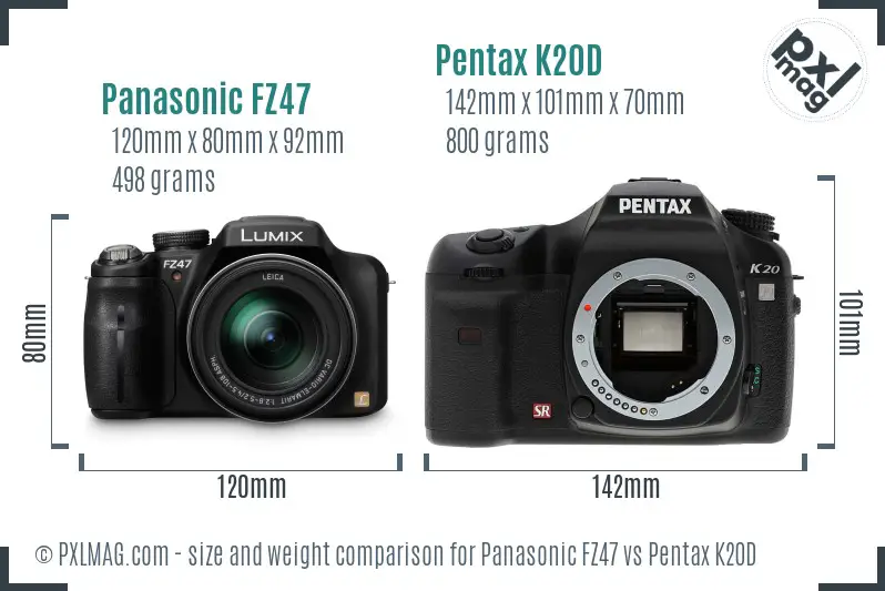 Panasonic FZ47 vs Pentax K20D size comparison